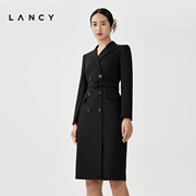 lancy朗姿2023秋冬季黑色，西装连衣裙收腰显瘦长袖羊毛裙子女