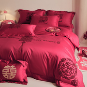 婚庆纯棉四件套毛巾绣中式大红色床单，高档喜被套结婚房嫁床上用品