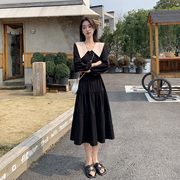 赫本风法式黑色长袖娃娃领连衣裙女2024春季显瘦气质蛋糕裙子