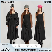 MEETLADY抽褶系带黑色连衣裙女2023冬季新拉链设计感小众背带裙子