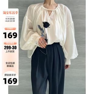 ayingjia法式镂空v领长袖衬衫女设计感小众高级感宽松显瘦上衣春
