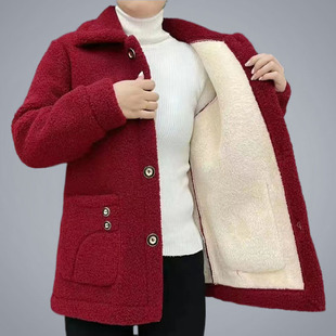 妈妈秋冬装棉衣外套女装翻领中老年人加绒加厚毛绒羊羔毛大衣棉袄