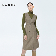 LANCY/朗姿无袖格纹羊毛连衣裙2022冬季收腰显瘦高级感裙子女