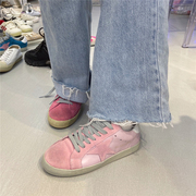 春韩版时尚真皮系带厚底粉色小脏鞋星星鞋休闲平跟圆头低帮板鞋潮