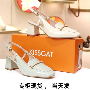 KISSCAT接吻猫2024夏款牛漆皮粗跟后空女凉鞋KA43202-10
