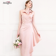 女士夏季连衣裙长裙 气质V领性感高雅吊带粉色荷叶摆修身显瘦长裙