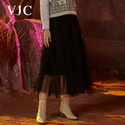 VJC/威杰思女装秋冬中长款半身裙复古网纱亮片减龄甜美