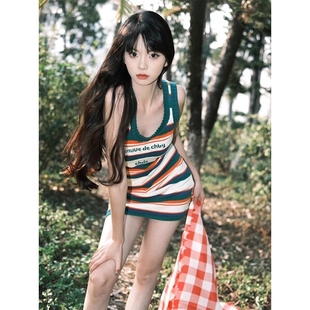 韩版高级感撞色条纹针织连衣裙女夏季修身显瘦高级感休闲百搭裙子