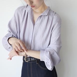 xiner淡蓝紫色暗纹长袖衬衫，女高级感时髦温柔立领上衣2022春秋季