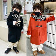 男童秋冬季加厚外套毛呢子大衣韩版中长款牛角扣童装红色冬装2022