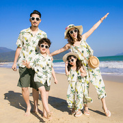 适合拍照的亲子装母女装一家四口夏全家沙滩衬衣套装母女阔腿连体