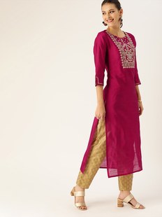 印度服饰女上衣生丝，刺绣民族风中长款七分袖玫红色