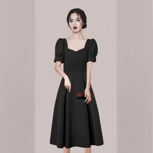 2024夏季女装黑色礼服裙高级质感宴会小洋装法式泡泡袖连衣裙