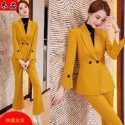 职业装套装女秋冬时尚，黄色西装套裤，气质韩版修身显瘦工作服