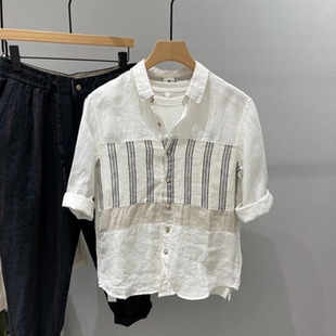 夏季男士韩版亚麻料，七分袖衬衫日系休闲条纹拼接中袖衬衣潮流