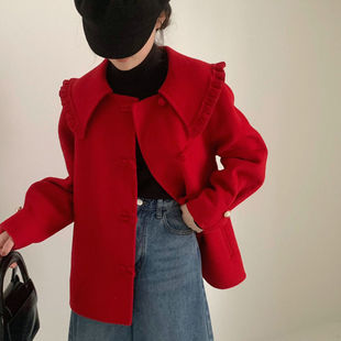 红色法式短款小香风，毛呢羊毛大衣，2023级双面呢子外套小个子