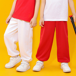男童红色裤子夏季薄款女童白色运动裤儿童学生舞蹈，表演校服裤长裤