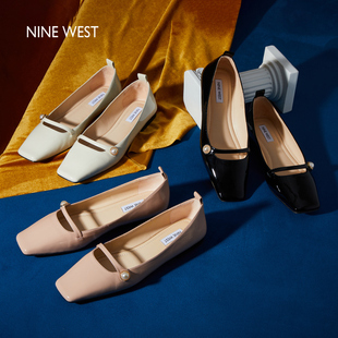 Nine West/玖熙玛丽珍鞋平底漆皮单鞋复古优雅方头女鞋通勤风
