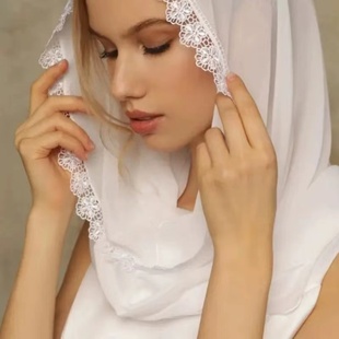 欧美复古黑白女士雪纺，披肩头纱围巾，米色外贸工厂蕾丝头巾