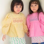 88 韩国童装代.购21s女童卡通格子泡泡袖荧光色娃娃衫衬衫