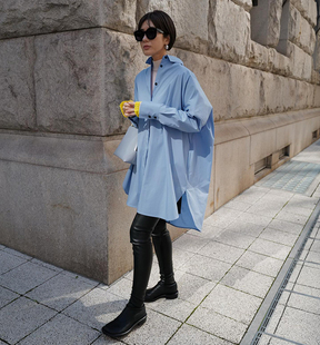 日本设计师款复古通勤简约OL落肩蝙蝠长袖浅蓝色衬衫连衣裙长裙