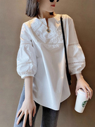 白色灯笼袖衬衫女2024春季设计感重工刺绣镂空法式七分袖衬衣