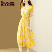 丹慕妮尔法式浪漫印花雪纺连衣裙女夏季气质黄色收腰长裙