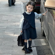 23秋季韩版女童灯芯绒马甲中裤儿童宝宝纯色条绒气质背心两件套装