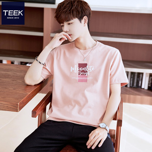 teek2024夏季t恤短袖，男藕粉色纯棉，潮牌学生青少年半袖上衣服