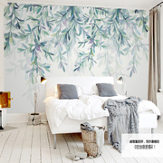 北欧清新文艺绿色叶子电视，背景墙纸水彩蓝色风格，壁纸卧室客厅壁画