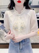 新中式刺绣绣花衬衫女2024夏季小清新雪纺蕾丝衫短袖衬衣上衣