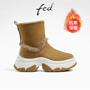 fed厚底短靴冬季靴子，皮毛一体雪地靴，保暖棉靴女款r1113-zf357