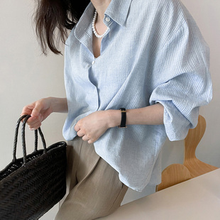 市舶司 简约浅蓝廓形 韩国女装夏秋新polo领显瘦条纹长袖衬衫