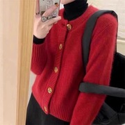 外贸秋冬圆领羊绒开衫慵懒风红色设计感小众毛衣外套