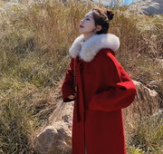 天宽松黑色上市24年冬季出货红色大毛领呢子，大衣新年大红喜庆