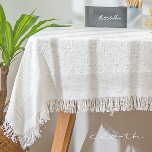 法式ins桌布田园风日系棉麻格子白色，圆桌方形台布书桌茶几野餐垫