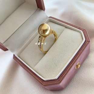 南洋母贝珍珠浓金茶金色，正圆强光纯银，镀金复古宫廷风镶嵌锆石戒指