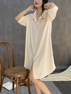 日系居家冰丝睡裙夏季短袖开衫中长款睡衣高级薄款性感宽松家居服