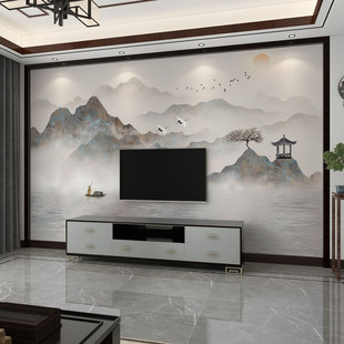 墙纸新中式3d立体水墨山水画，电视背景墙壁纸客厅壁布影视墙布壁画