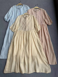 日单苎麻纯色短袖连衣裙，女2024夏季蕾丝，风琴褶圆领纯麻中长裙