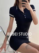 m1951黑色没事v领短袖polo针织连衣裙女韩版气质，修身包臀裙