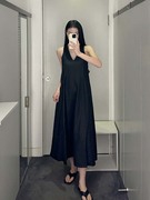 极简COS风休闲版型V领无袖A字黑色长裙纯色24夏季新通勤女连衣裙