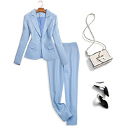 春装浅蓝色小西装两件套洋气时尚短款西服，修身微锥九分裤621