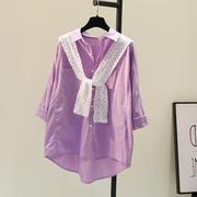 紫色配蕾丝披肩棉麻，衬衫女2024春季韩版宽松休闲衬衣文艺上衣