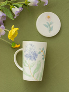 釉中彩flora骨瓷高温大容量，带盖马克杯陶瓷，水杯牛奶早餐杯550ml