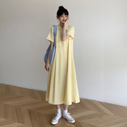 夏季chic鹅黄色连衣裙淡黄色仙女，长裙过膝坠感短袖奶油，黄雪纺(黄雪纺)裙子
