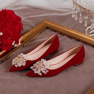 小众婚鞋新娘鞋女粗跟红色，秀禾主婚纱，两穿平底不累脚高级感高跟鞋