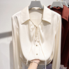 2024韩国气质显瘦翻领，系带纯色单排扣长袖雪纺，衬衫女春季