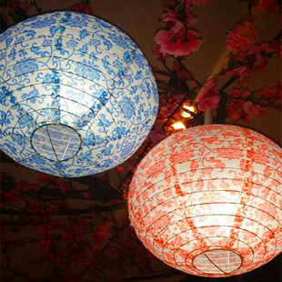 高雅青花瓷20-50cm圆型纸灯笼，吊灯罩新年中秋婚庆灯笼纯手工灯具
