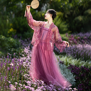 春花映粉新中式欧根纱，开衫女夏天吊带，紫色气质半身裙套装
